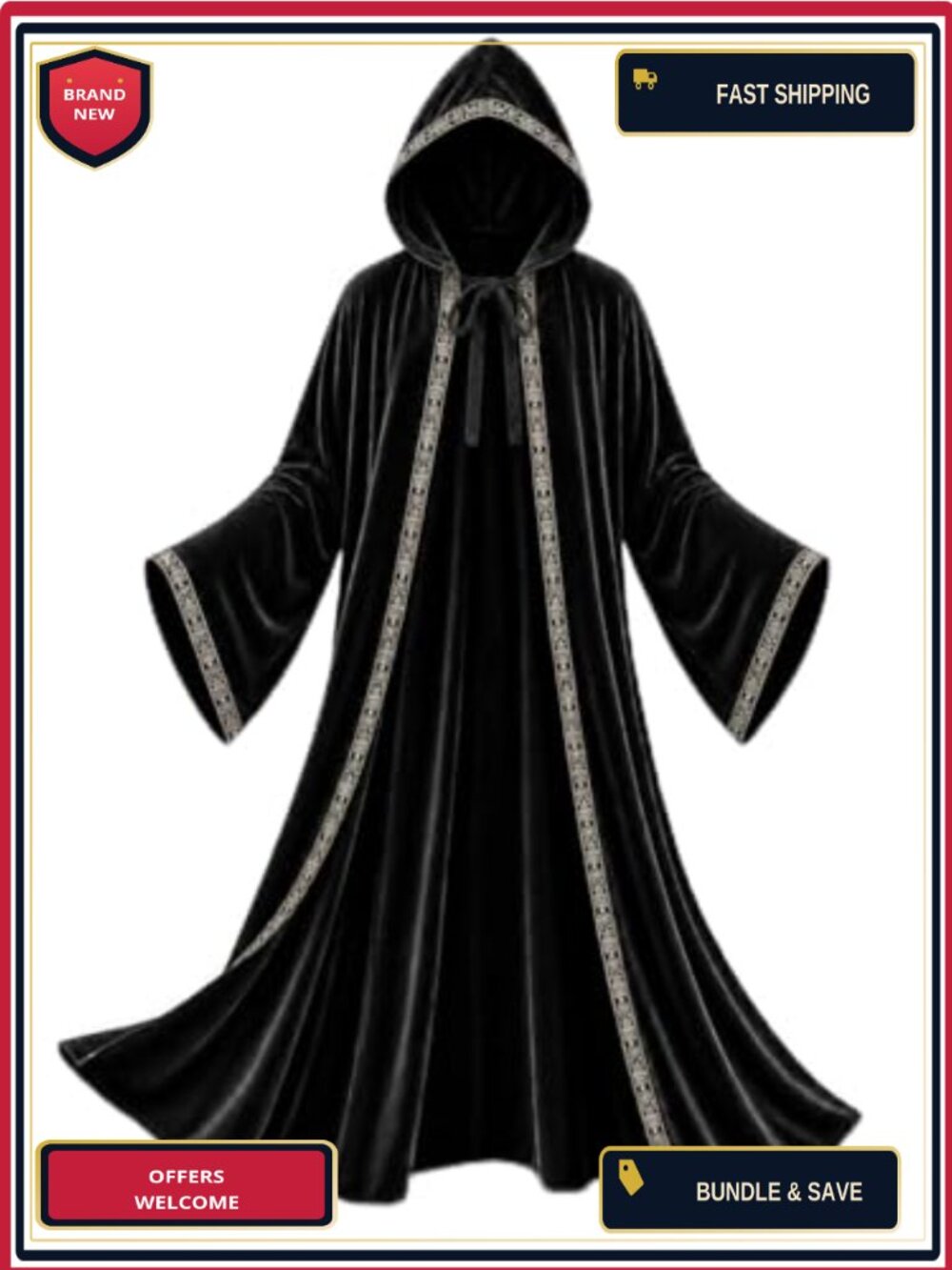 Adult Hooded Wizard Robe Velvet Cloak with Gold Trim